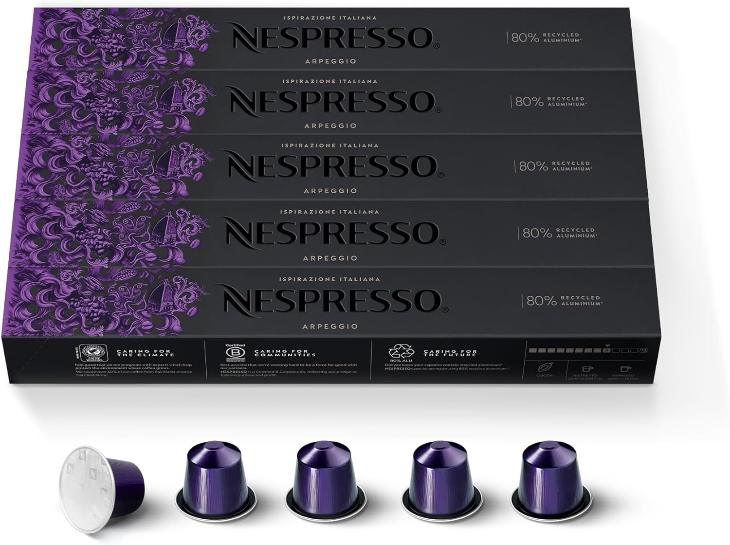 Nespresso Original Coffee Pods - 50 Inspiranzione Arpeggio Capsules for Nespresso Machines. Make Espressos, Cappuccino and Macchiato at home. A short dark roast, intensity 9 coffee. Recyclable Pods-0