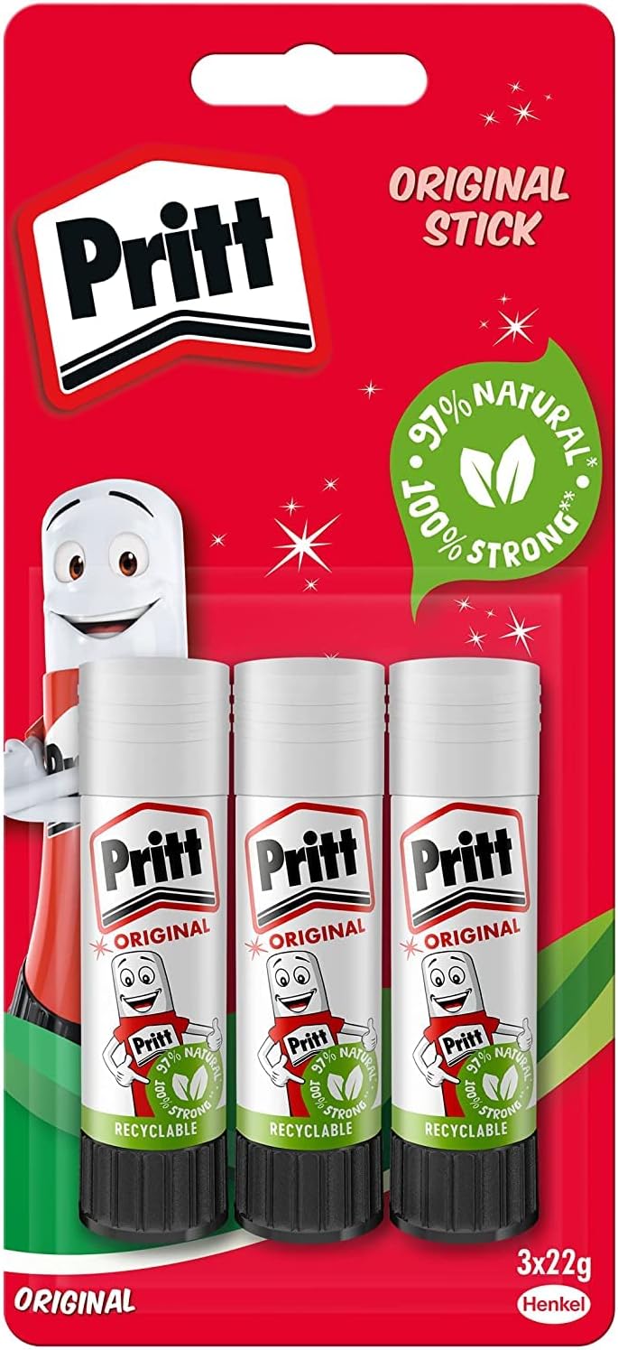 Pritt Glue Stick, Safe & Child-Friendly Craft Glue for Arts & Crafts Activities, Strong-Hold adhesive for School & Office Supplies, 22 g (Pack of 3)-1