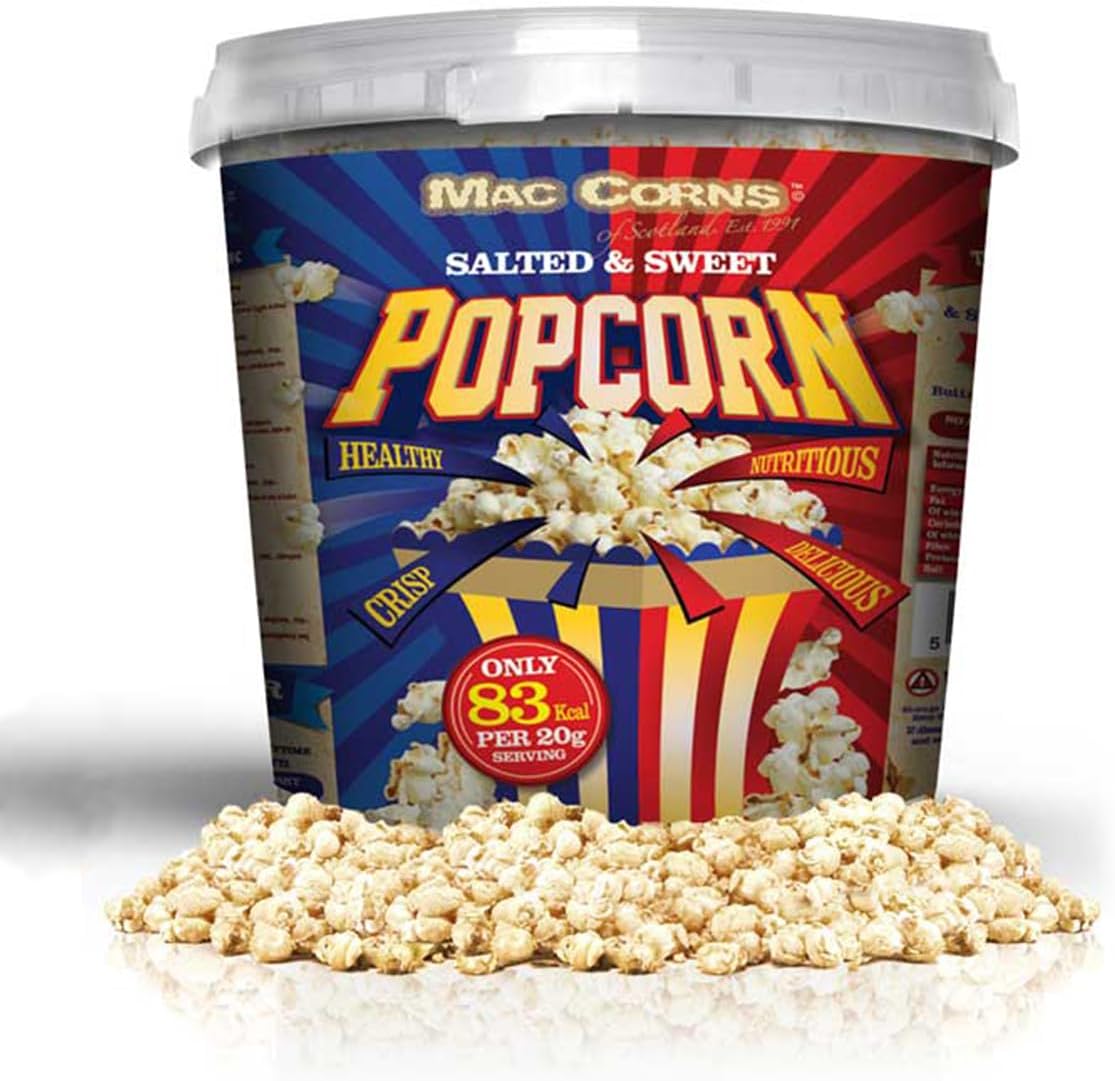 Mac-Corns Salted & Sweet Popcorn Mix ~ 500g ~ 10ltr Mega Bucket ~ Traditionally Popped, Free From Gluten, Nuts, Sesame, Dairy, GM & Allergens--0