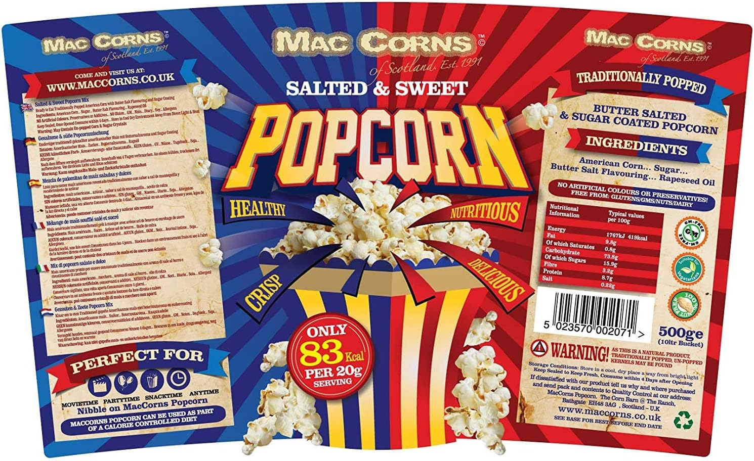 Mac-Corns Salted & Sweet Popcorn Mix ~ 500g ~ 10ltr Mega Bucket ~ Traditionally Popped, Free From Gluten, Nuts, Sesame, Dairy, GM & Allergens--1