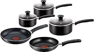 Tefal Essential, Aluminium Pots and Pans Set, 16 cm, 18 cm and 20 cm Saucepans with Lids, 20 cm and 24 cm Frying Pans, Black, B472S545