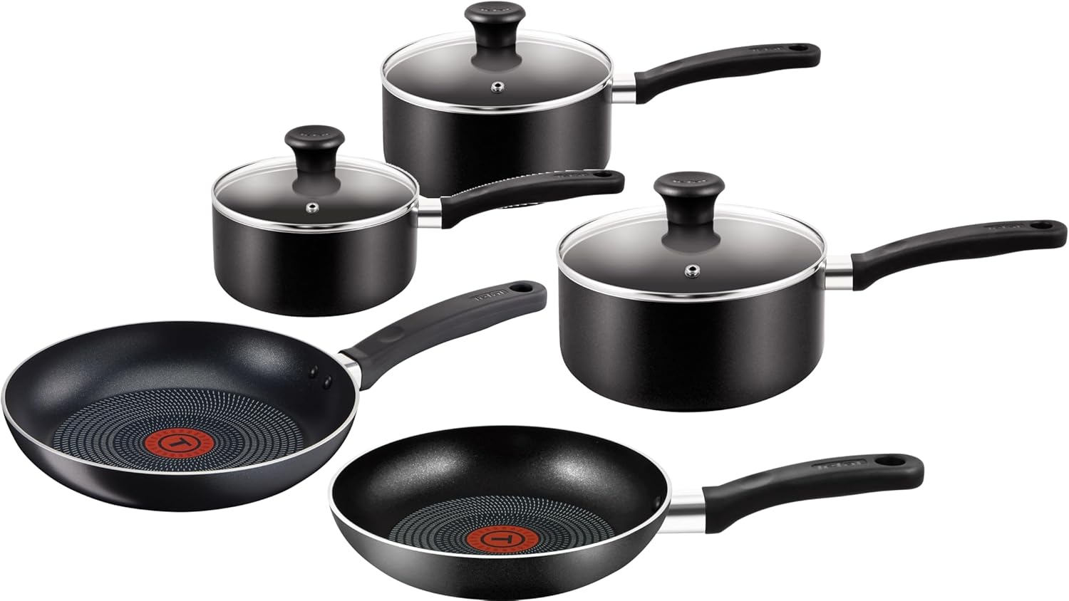 Tefal Essential, Aluminium Pots and Pans Set, 16 cm, 18 cm and 20 cm Saucepans with Lids, 20 cm and 24 cm Frying Pans, Black, B472S545-0