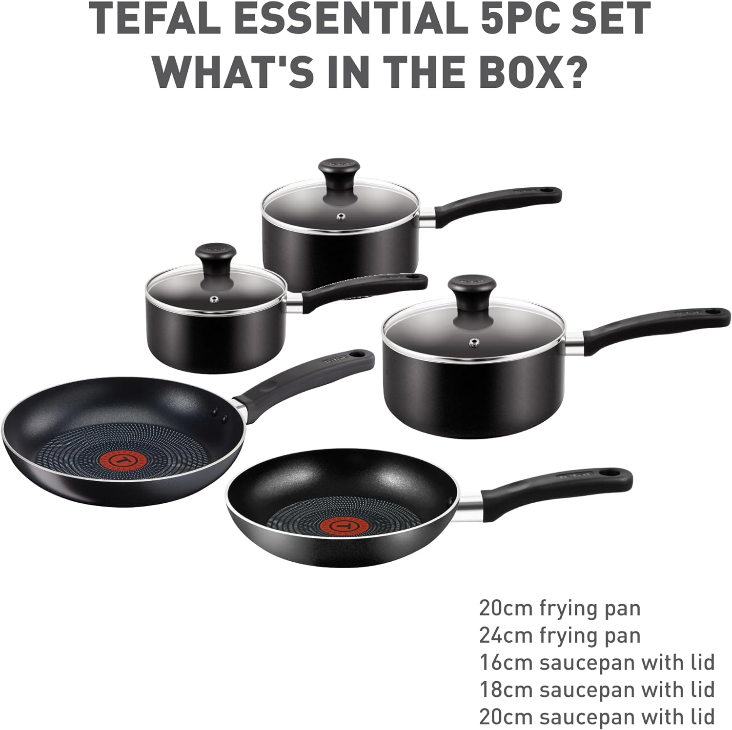 Tefal Essential, Aluminium Pots and Pans Set, 16 cm, 18 cm and 20 cm Saucepans with Lids, 20 cm and 24 cm Frying Pans, Black, B472S545-1