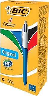 Bic 4 Colours Original Pens, Multi Coloured Pens All In One, Retractable Ballpoint Biro Pens, Green, Blue, Red, Black, 12 Pens Per Pack, 1 Pack