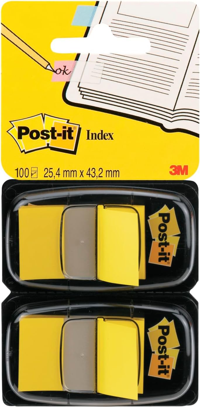 Post-it Index Flags, Medium, Yellow, 2 Dispensers 25.4 mm x 43.2 mm, 100 Flags - To Mark, Highlight or Color Code Important Information-1