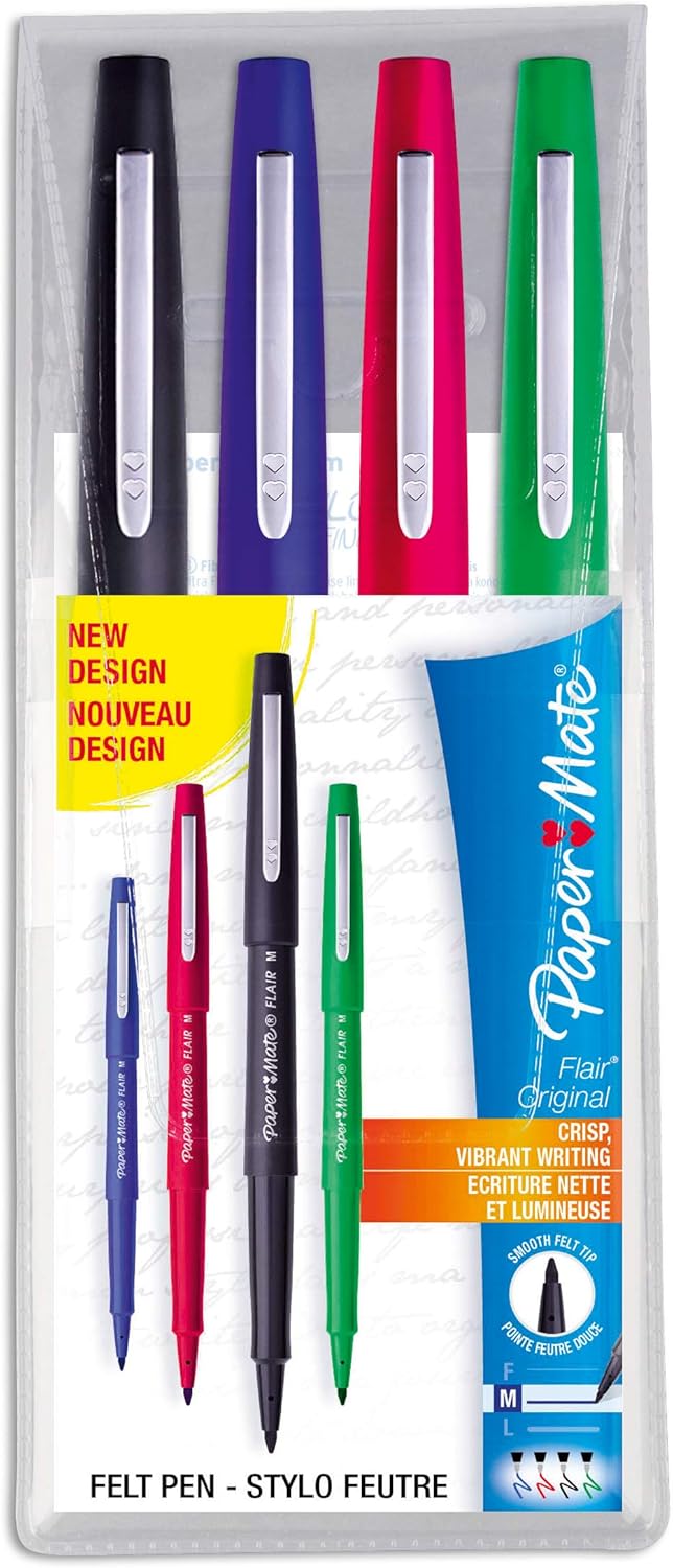 Paper Mate Flair Felt Tip Pens | Medium Point (0.7mm) | Assorted Business Colours | 4 Count Pouch-0