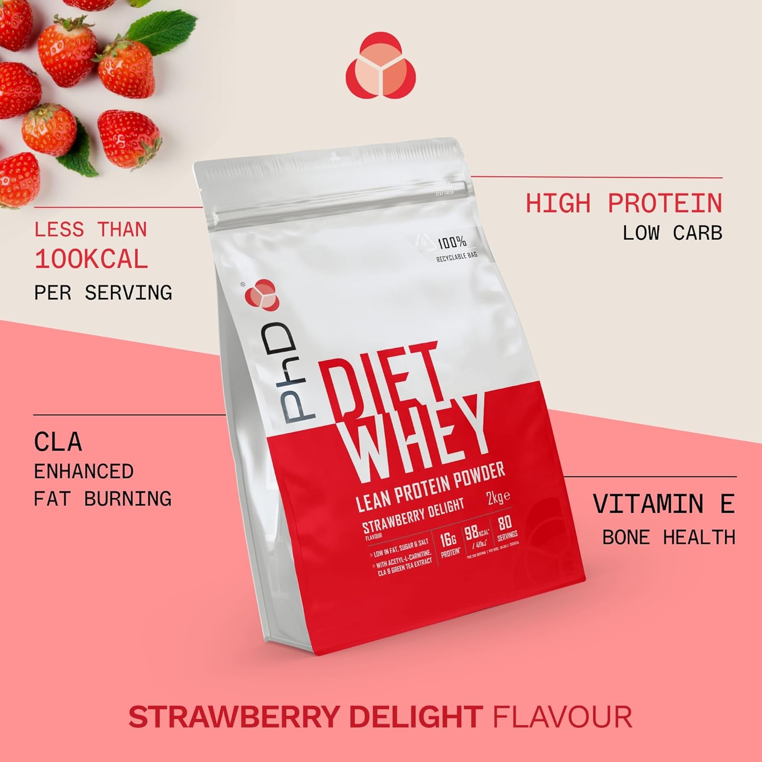 PhD Nutrition Diet Whey Low Calorie Protein Powder, Low Carb, High Protein Lean Matrix, Strawberry Delight Diet Whey Protein Powder, High Protein, 80 Servings Per 2 kg Bag-1