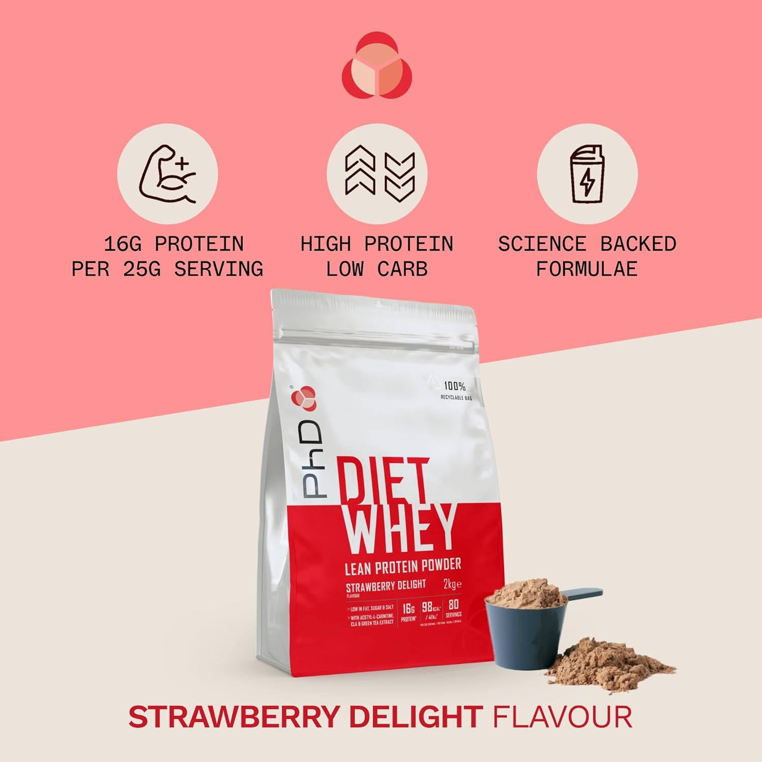 PhD Nutrition Diet Whey Low Calorie Protein Powder, Low Carb, High Protein Lean Matrix, Strawberry Delight Diet Whey Protein Powder, High Protein, 80 Servings Per 2 kg Bag-3