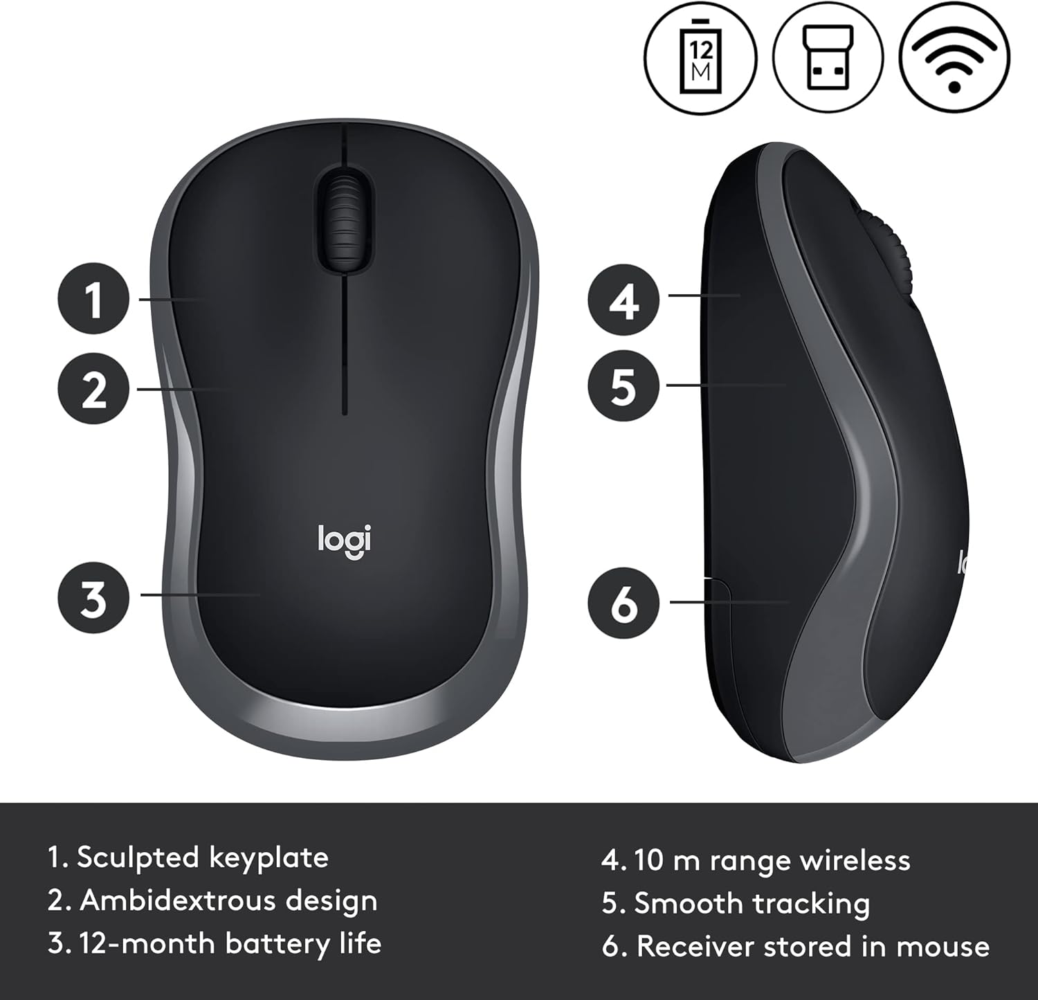 Logitech M185 Wireless Mouse, 2.4GHz with USB Mini Receiver, 12-Month Battery Life, 1000 DPI Optical Tracking, Ambidextrous, Compatible with PC, Mac, Laptop - Grey-3