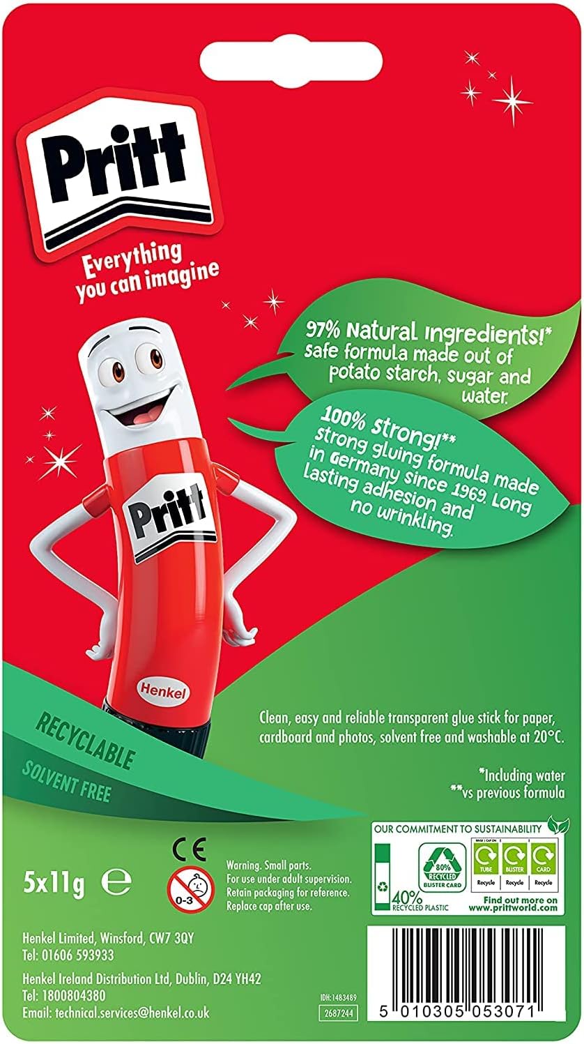 Pritt Glue Stick, Safe & Child-Friendly Craft Glue for Arts & Crafts Activities, Strong-Hold adhesive for School & Office Supplies, 5x11g Pritt Stick-2