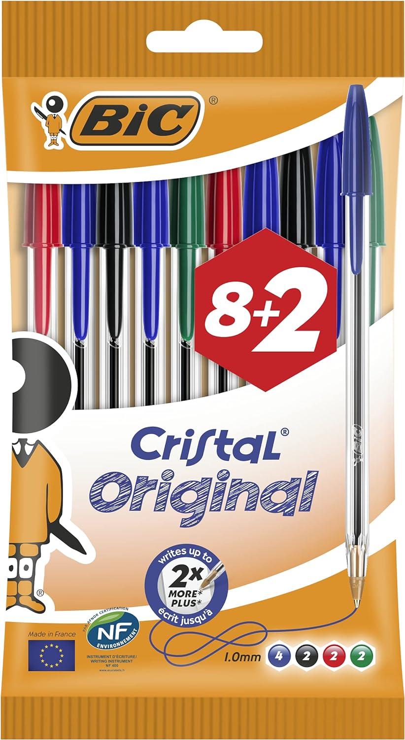 BIC Cristal Original Ballpoint , Comfortable Biro Pens, Medium Point (1.0mm), Assorted Colours, Pack of 10-0