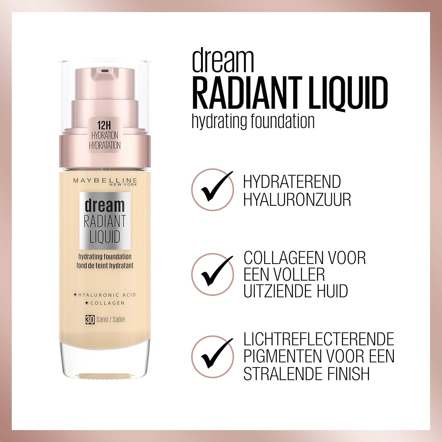 Maybelline Foundation, Dream Radiant Liquid Hydrating Foundation with Hyaluronic Acid and Collagen - Lightweight, Medium Coverage Up to 12 Hour Hydration - 30 Sand-4