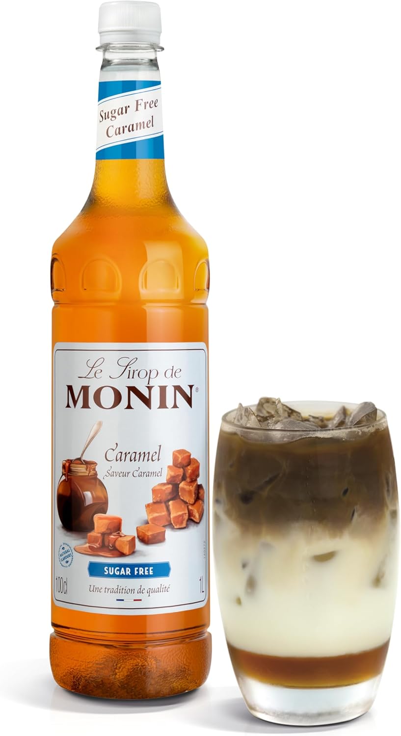 MONIN Premium Caramel Sugar Free Syrup 1L for Coffee and Cocktails. Vegan-Friendly, Allergen-Free, 100 Percent Natural Flavours and Colourings. Sugar-Free Coffee Syrup-2