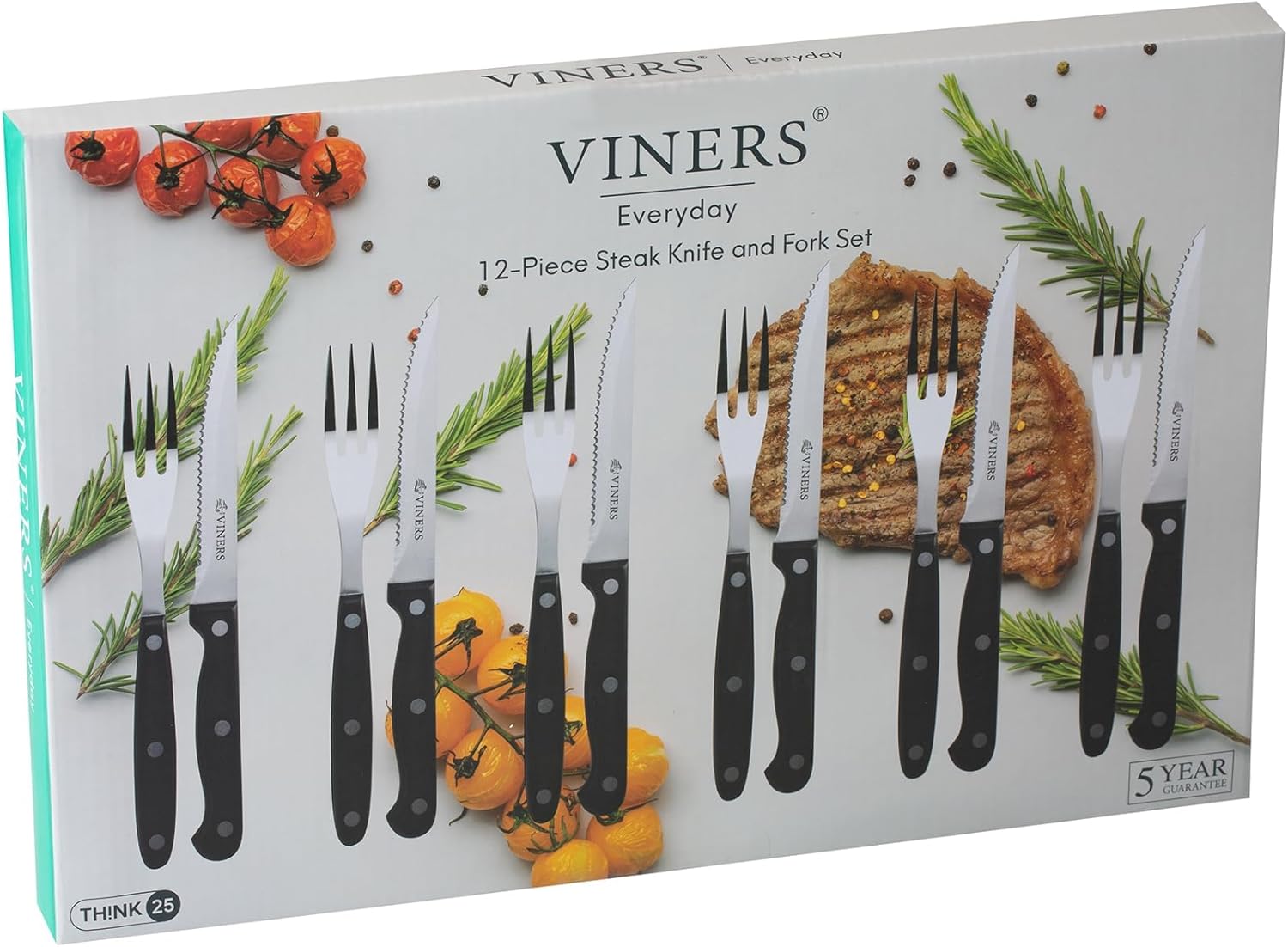 Viners Everyday 12 Piece Silver Stainless Steel Steak Knife and Fork Set-0