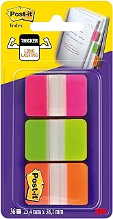 Post-it Index Medium Strong Filing Tabs, 36 Tabs, 25.4 mm x 38.1 mm, Orange, Pink and Green - Sticky Flags for Documents and Information, packaging may vary