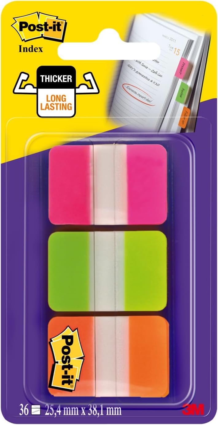 Post-it Index Medium Strong Filing Tabs, 36 Tabs, 25.4 mm x 38.1 mm, Orange, Pink and Green - Sticky Flags for Documents and Information, packaging may vary-0