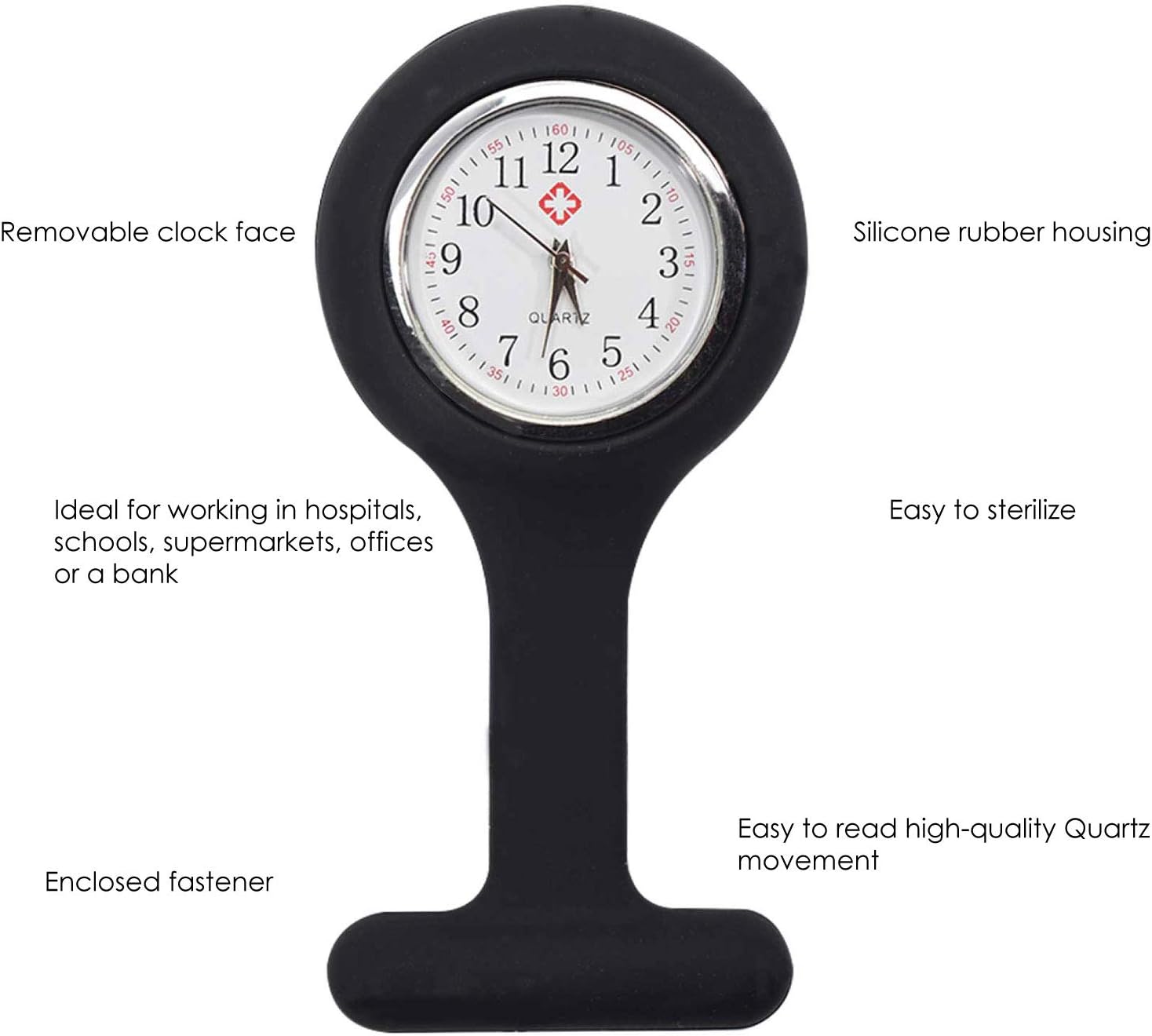 TRIXES Silicone Nurse Fob Watch with Brooch - Black-4