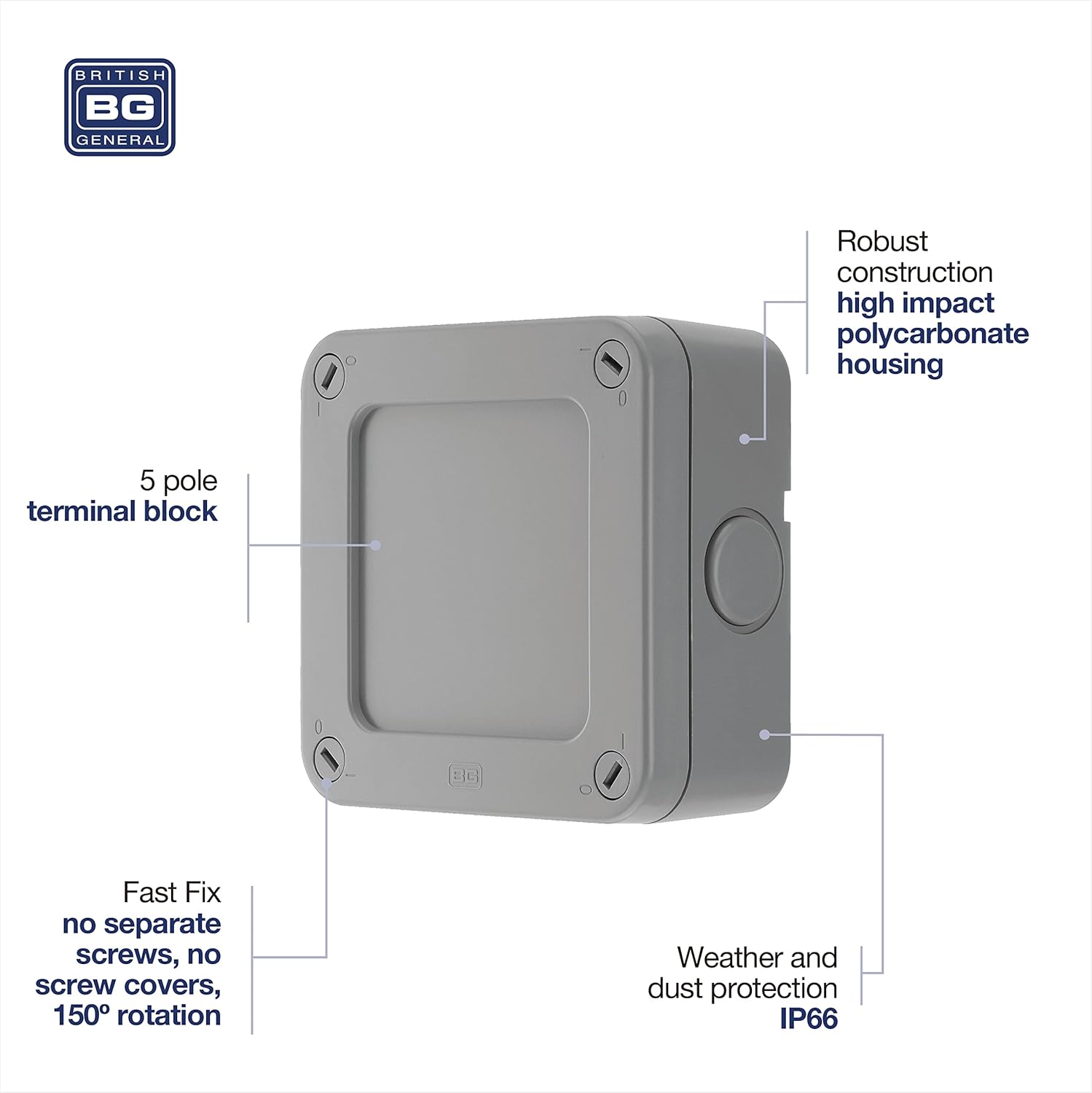 Masterplug WPJB Outdoor Weatherproof Junction Box, 5 Pole Terminal Block, IP66 Rated, Grey-2