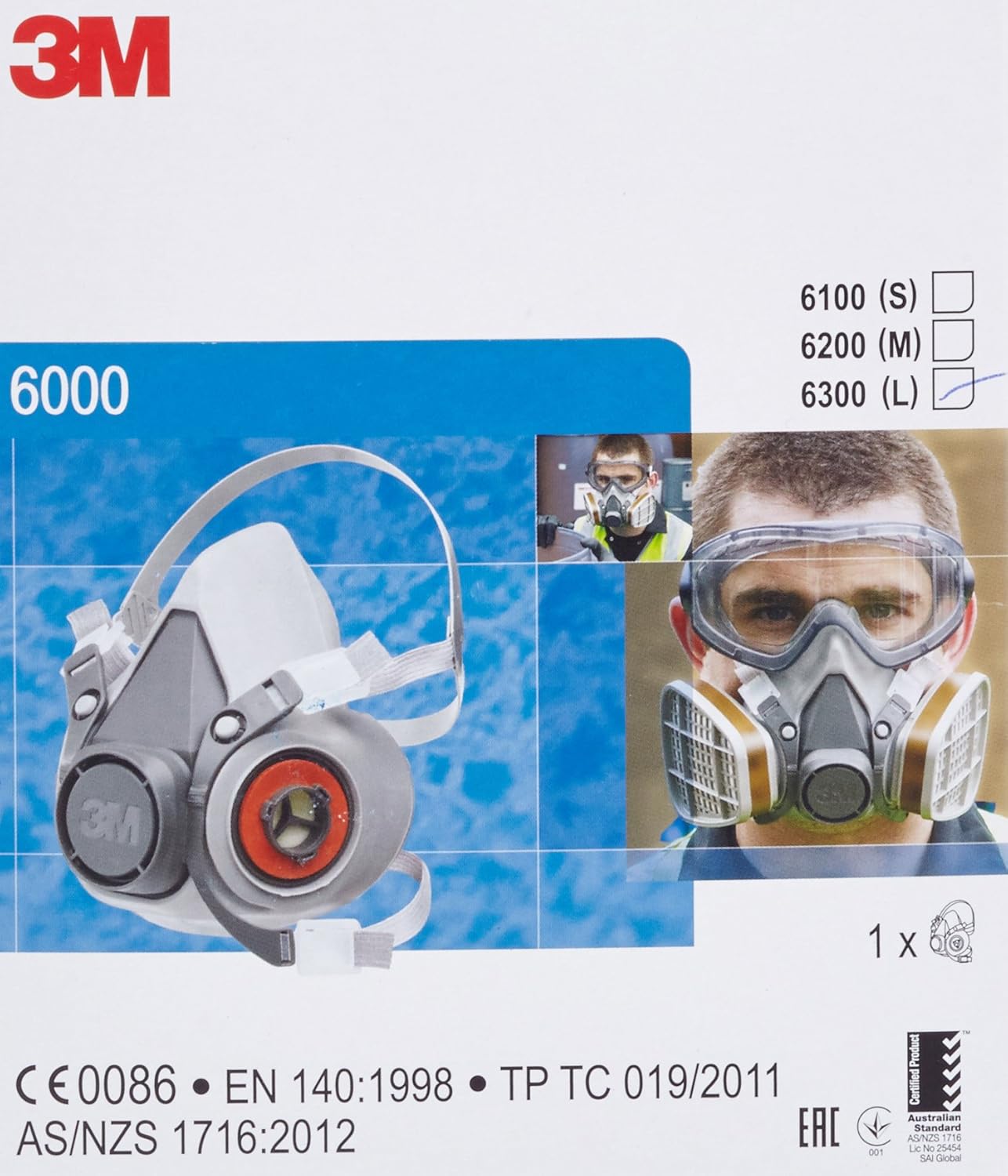 3M Reusable Half Face Mask, Large, 6300, EN safety certified, XA007702674-2