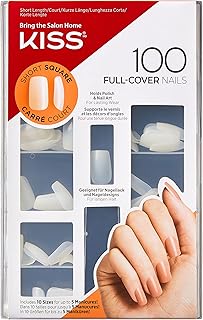 KISS 100 Full-Cover Manicure Kit, Short Length Short Square Fake Nails, Longer Lasting, 10 Sizes with Maximum Speed Nail Glue