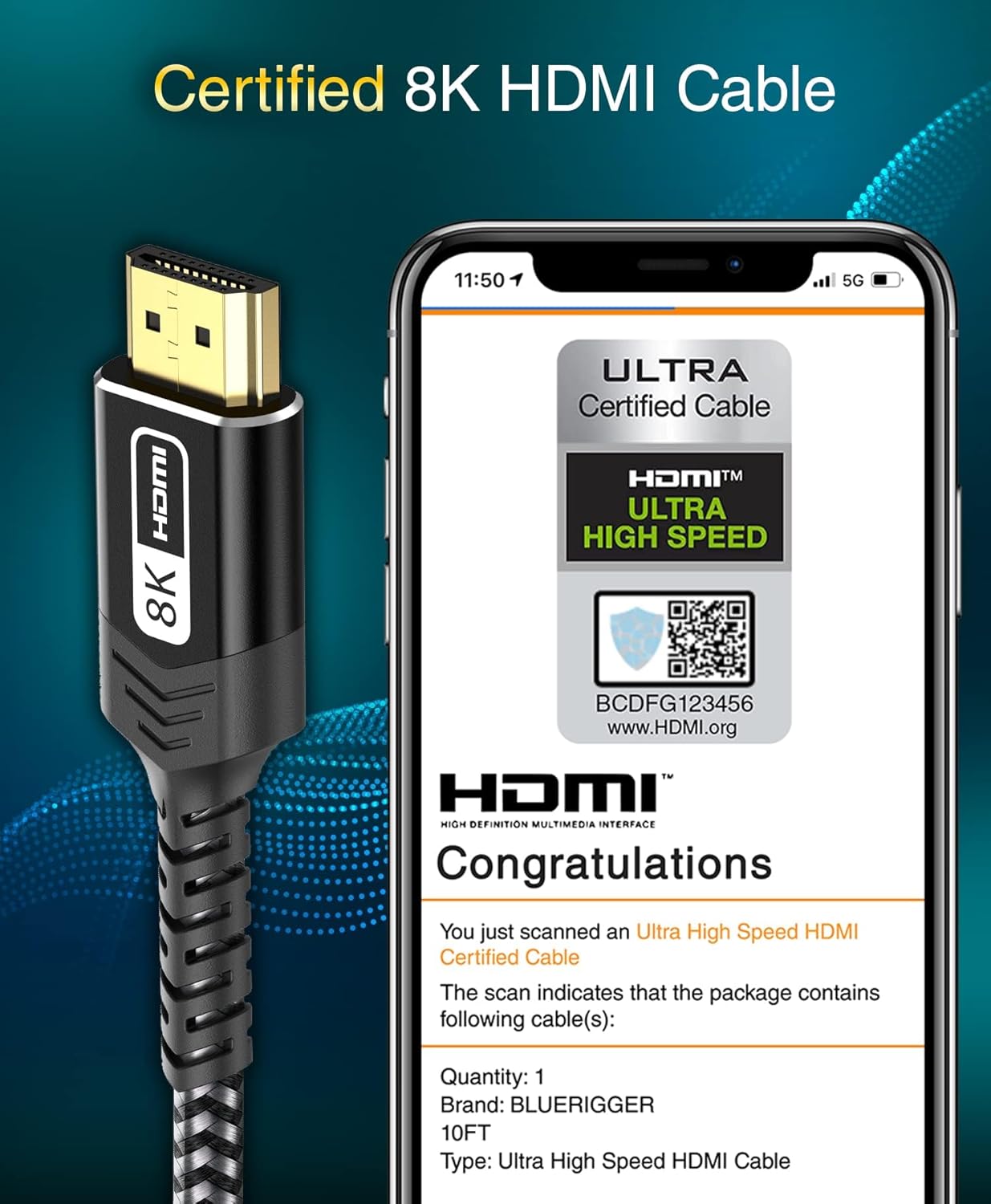 BlueRigger 8K Certified HDMI Cable - 2M (8K 60Hz Ultra HD, 48Gbps High Speed, eARC, HDR10, 4:4:4, HDCP 2.3) - Compatible with Game Consoles, HDTV, Apple TV, Monitor, Blu-Ray-6