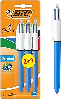 BIC 4 Colours Original Pens, Multi Coloured Pens All In One, Biro Pens, Medium 1.0mm, Green, Blue, Red, Black, 3 Pens Per Pack, 1 Pack