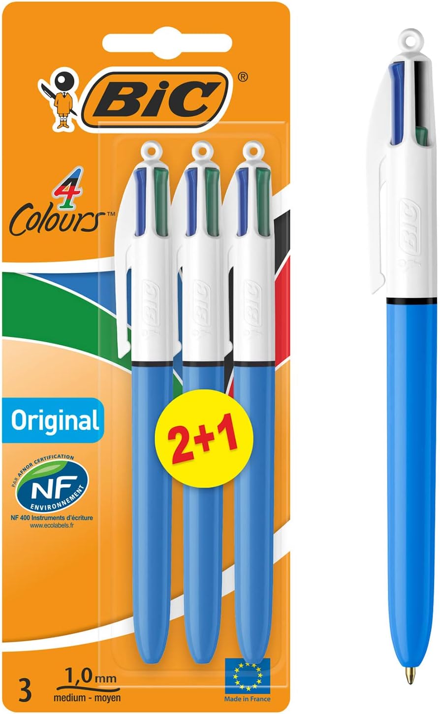 BIC 4 Colours Original Pens, Multi Coloured Pens All In One, Biro Pens, Medium 1.0mm, Green, Blue, Red, Black, 3 Pens Per Pack, 1 Pack-0