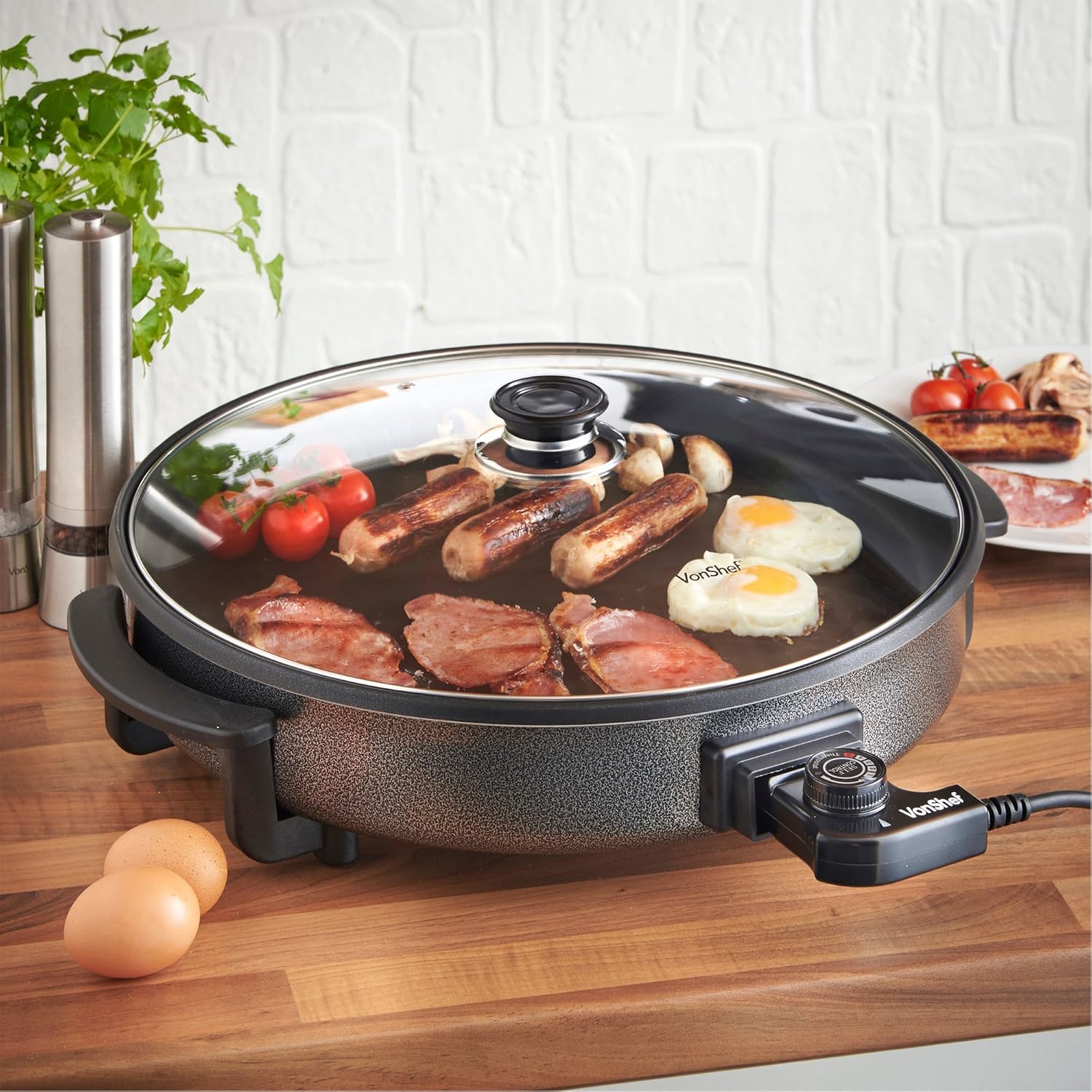 VonShef Large Multi Cooker 6L – 42cm Electric Frying Pan with Lid & Adjustable Temperature Control, Easy Clean, Non Stick Aluminium with Cool Touch Handles & Detachable Power Cable for Serving – 1500W-1