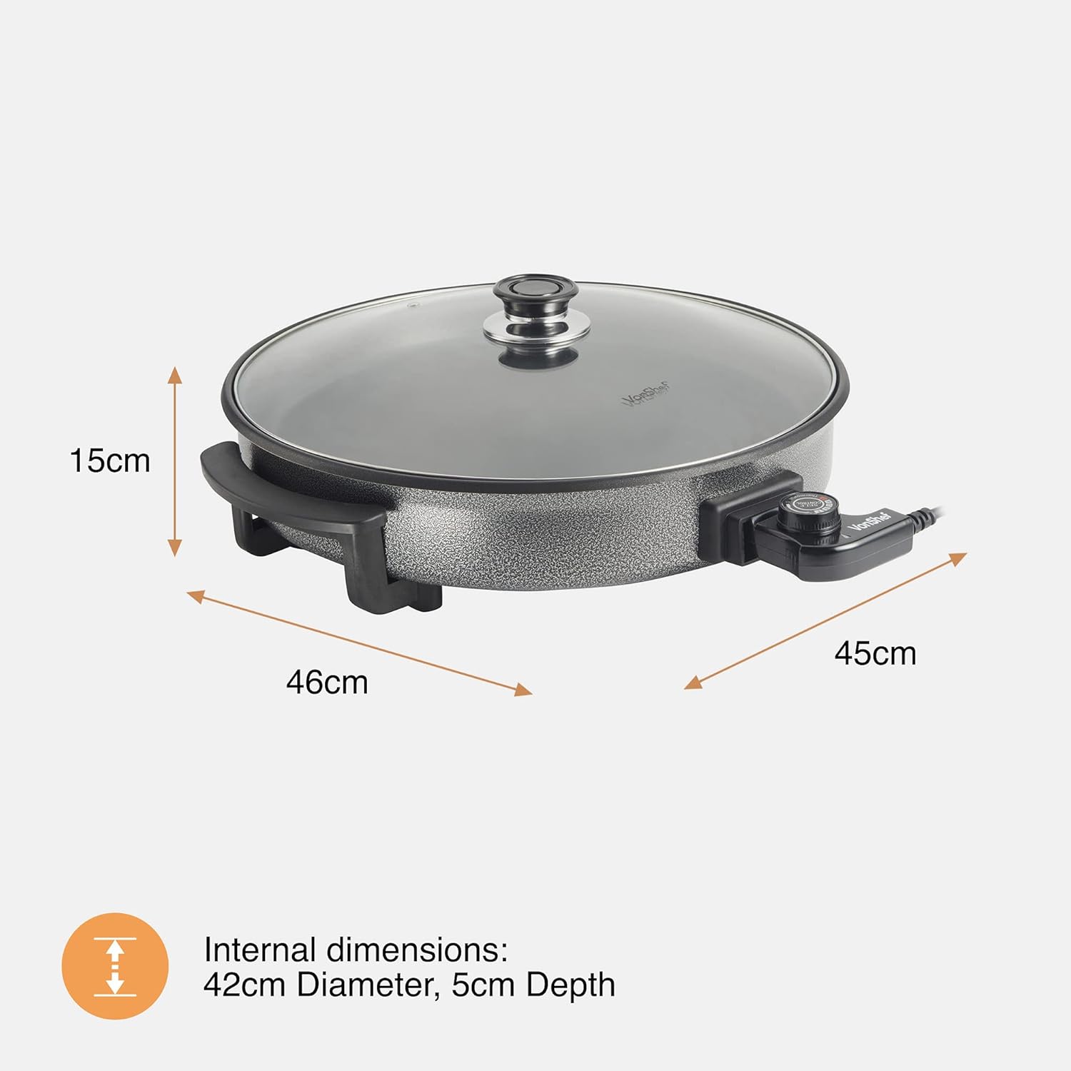 VonShef Large Multi Cooker 6L – 42cm Electric Frying Pan with Lid & Adjustable Temperature Control, Easy Clean, Non Stick Aluminium with Cool Touch Handles & Detachable Power Cable for Serving – 1500W-5