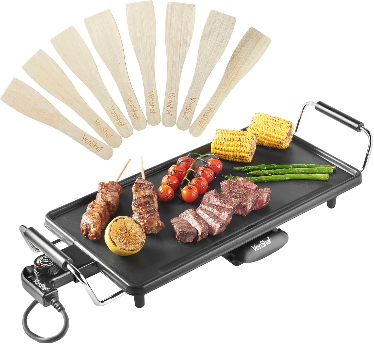 VonShef Large Teppanyaki Grill - 2000W Electric, Multipurpose, Easy Clean BBQ Table Top Grill with Adjustable Temperature Control, Oil Drip Tray & 8 Spatulas- for Meat, Vegetables & Fish - 43x23x10cm-0