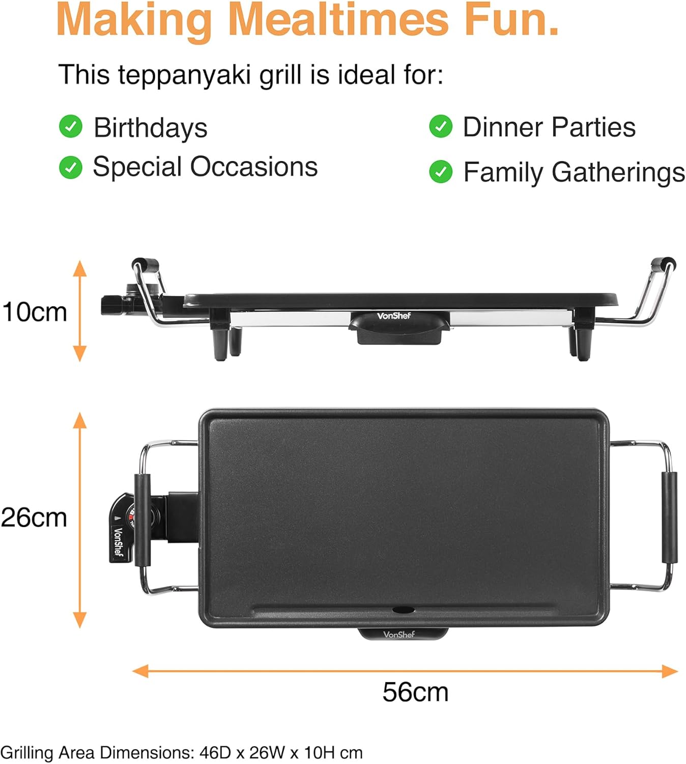 VonShef Large Teppanyaki Grill - 2000W Electric, Multipurpose, Easy Clean BBQ Table Top Grill with Adjustable Temperature Control, Oil Drip Tray & 8 Spatulas- for Meat, Vegetables & Fish - 43x23x10cm-2