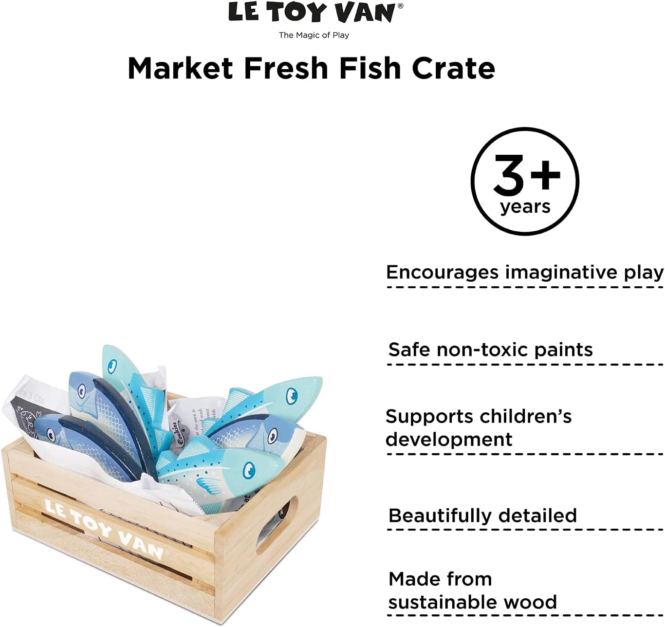 Le Toy Van - Wooden Honeybee Market Fresh Fish Crate Supermarket Pretend Play Shop Food, Blue-5