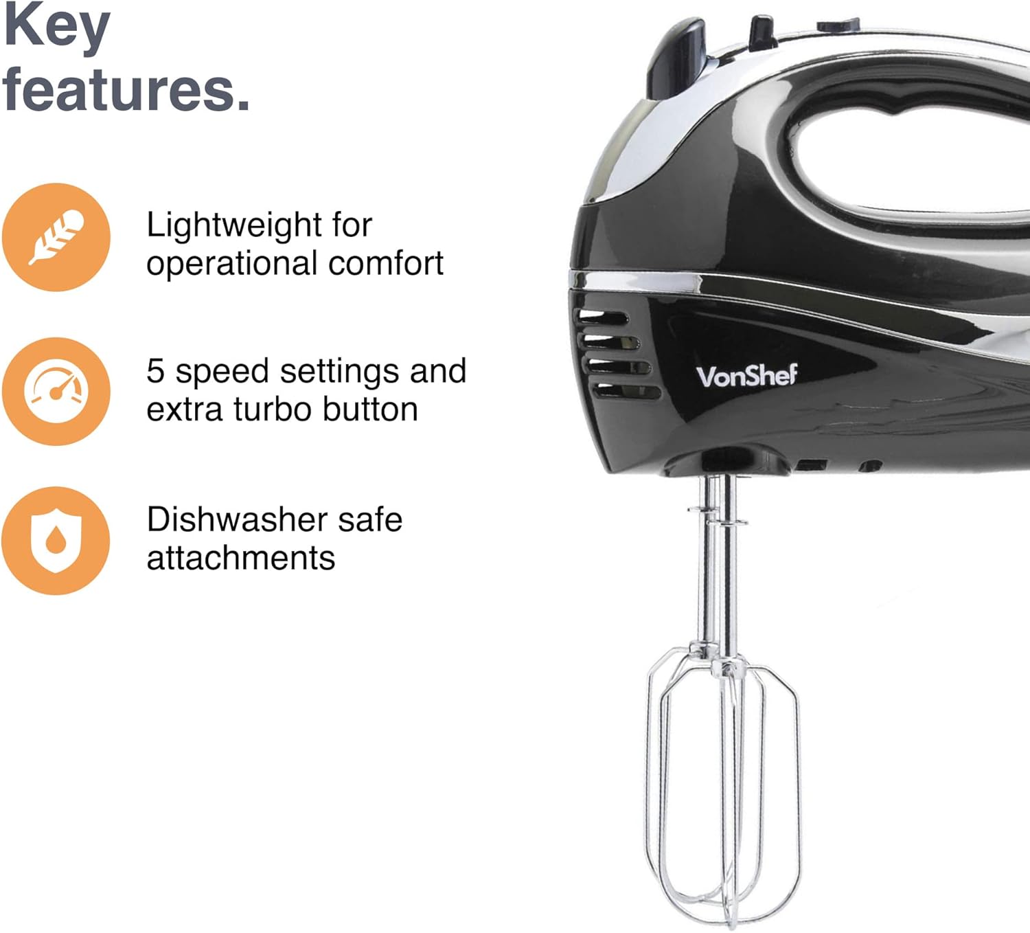 VonShef Hand Mixer Electric Whisk – Food Mixer for Baking with 5 Speeds, 300W, 2 Stainless Steel Beaters, 2 Dough Hooks & Balloon Whisk, Easy Clean, Turbo Boost, Eject Button, Compact – Black-4