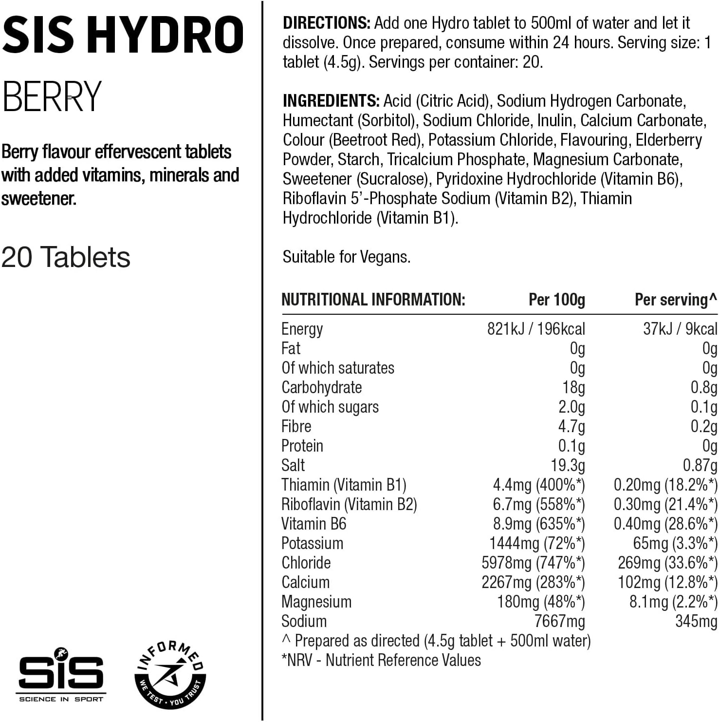 Science In Sport Hydro Hydration Tablets, Gluten-Free, Zero Sugar, Berry Flavour Plus Electrolytes, 20 Effervescent Tablets-4