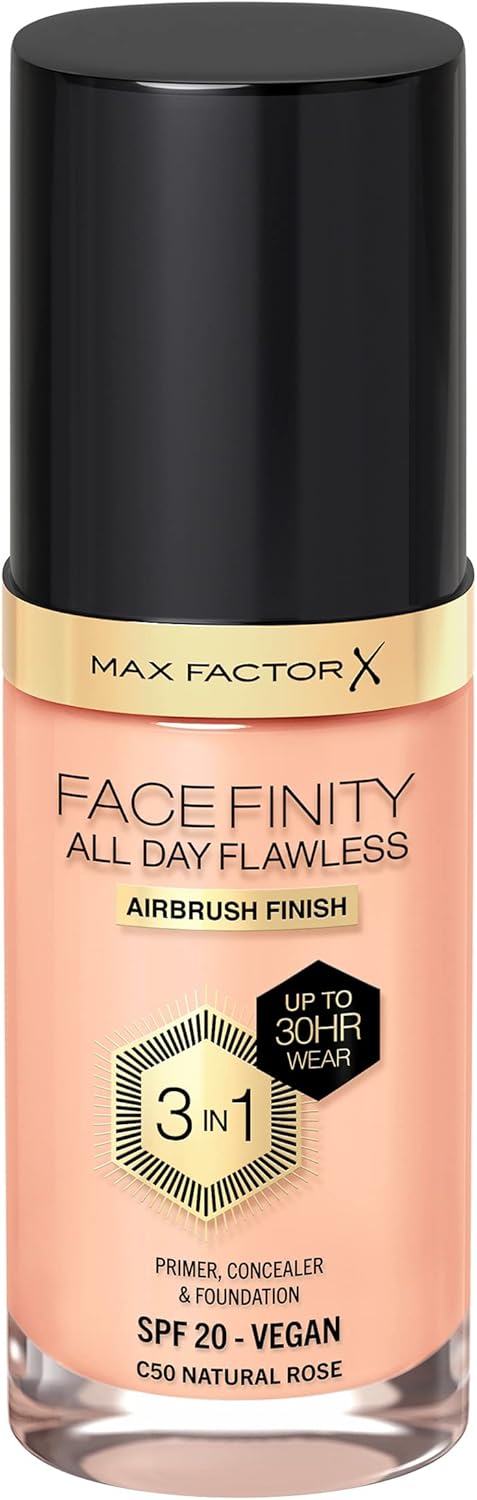 MAX FACTOR - Facefinity All Day Flawless Foundation - 3-in-1 Concealer, Liquid Foundation & Face Primer - Up To 30hr Wear - Flawless Airbrush Finish, SPF 20, Vegan - C50 Natural Rose - 30ml-0