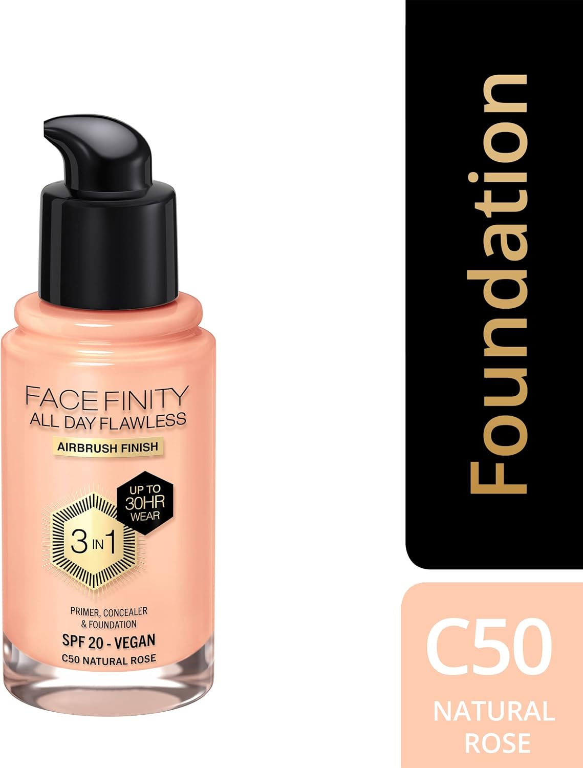 MAX FACTOR - Facefinity All Day Flawless Foundation - 3-in-1 Concealer, Liquid Foundation & Face Primer - Up To 30hr Wear - Flawless Airbrush Finish, SPF 20, Vegan - C50 Natural Rose - 30ml-1