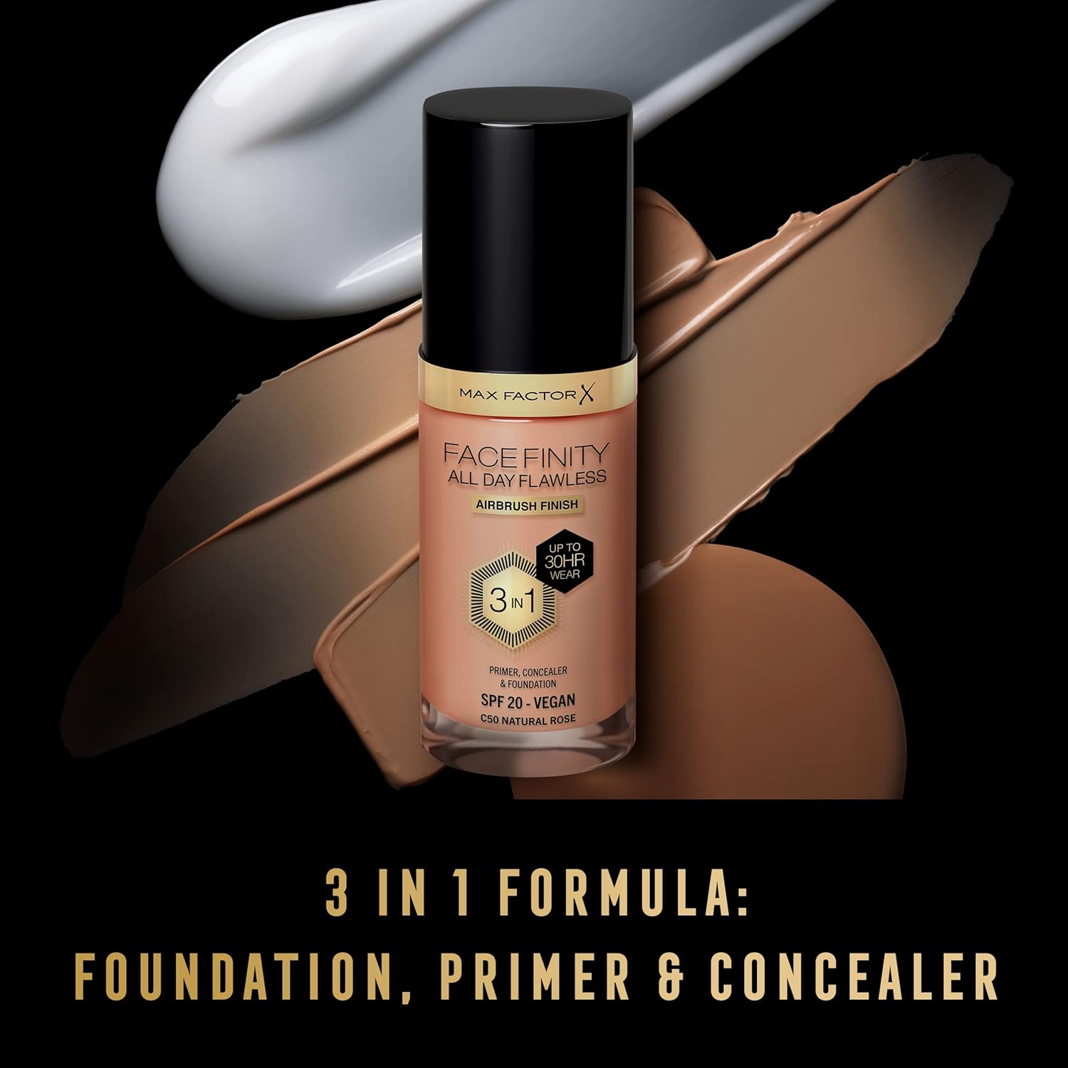 MAX FACTOR - Facefinity All Day Flawless Foundation - 3-in-1 Concealer, Liquid Foundation & Face Primer - Up To 30hr Wear - Flawless Airbrush Finish, SPF 20, Vegan - C50 Natural Rose - 30ml-4