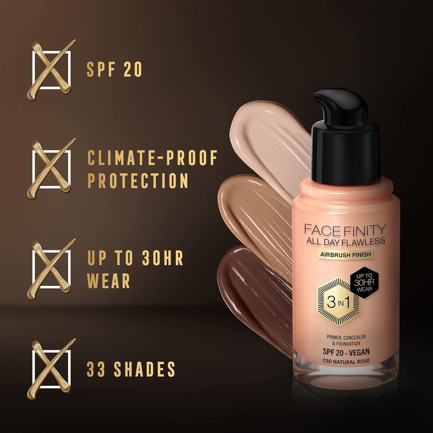 MAX FACTOR - Facefinity All Day Flawless Foundation - 3-in-1 Concealer, Liquid Foundation & Face Primer - Up To 30hr Wear - Flawless Airbrush Finish, SPF 20, Vegan - C50 Natural Rose - 30ml-5