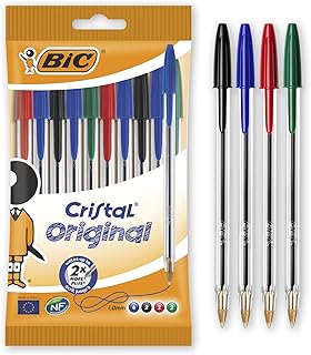 BIC Cristal Original Ballpoint Pens, Every-Day Biro Pens, Fine Point (1.0mm), Ideal for School, Assorted Colours, Pack of 10