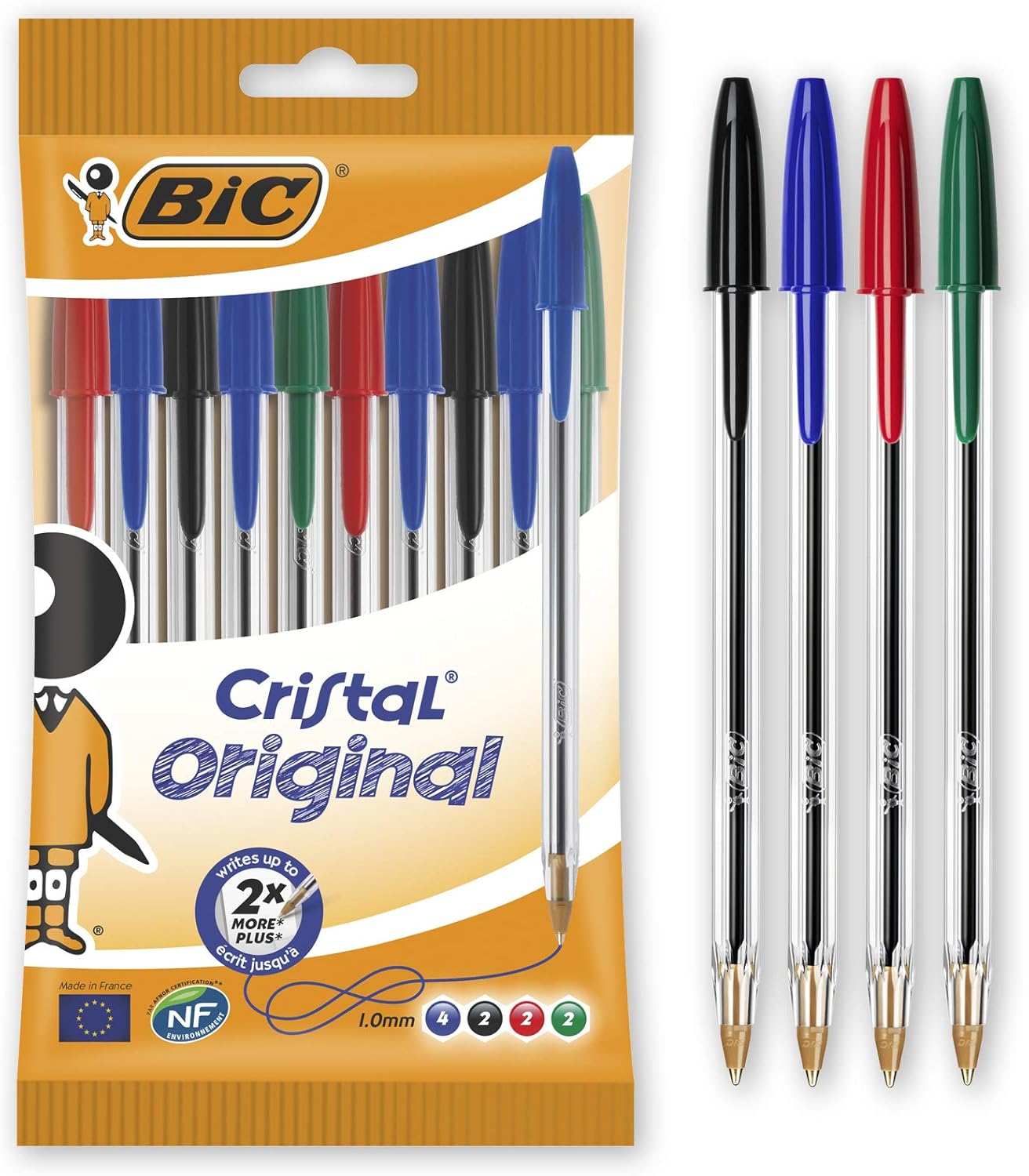 BIC Cristal Original Ballpoint Pens, Every-Day Biro Pens, Fine Point (1.0mm), Ideal for School, Assorted Colours, Pack of 10-0