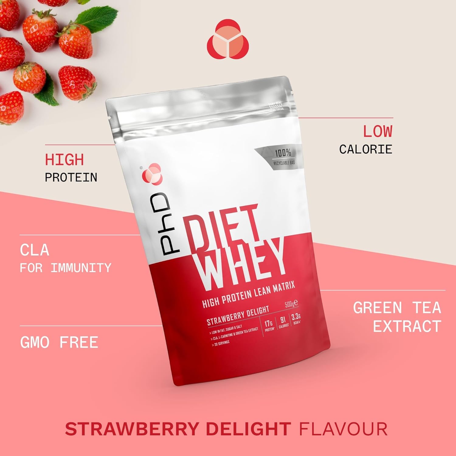 PhD Nutrition Diet Whey Low Calorie Protein Powder, Low Carb, High Protein Lean Matrix, Strawberry Delight Whey Protein Powder, High Protein, 20 Servings Per 500g Bag-2