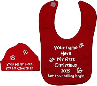 Acce Products My First Christmas Personalised Name & YearBaby Feeding Bib & Beanie Hat 0 to 12 Months