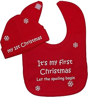 Acce Products It's My First Christmas Let The Spoiling Begin Baby Feeding Bib & Beanie Hat/Cap Set 0 to 12 Months