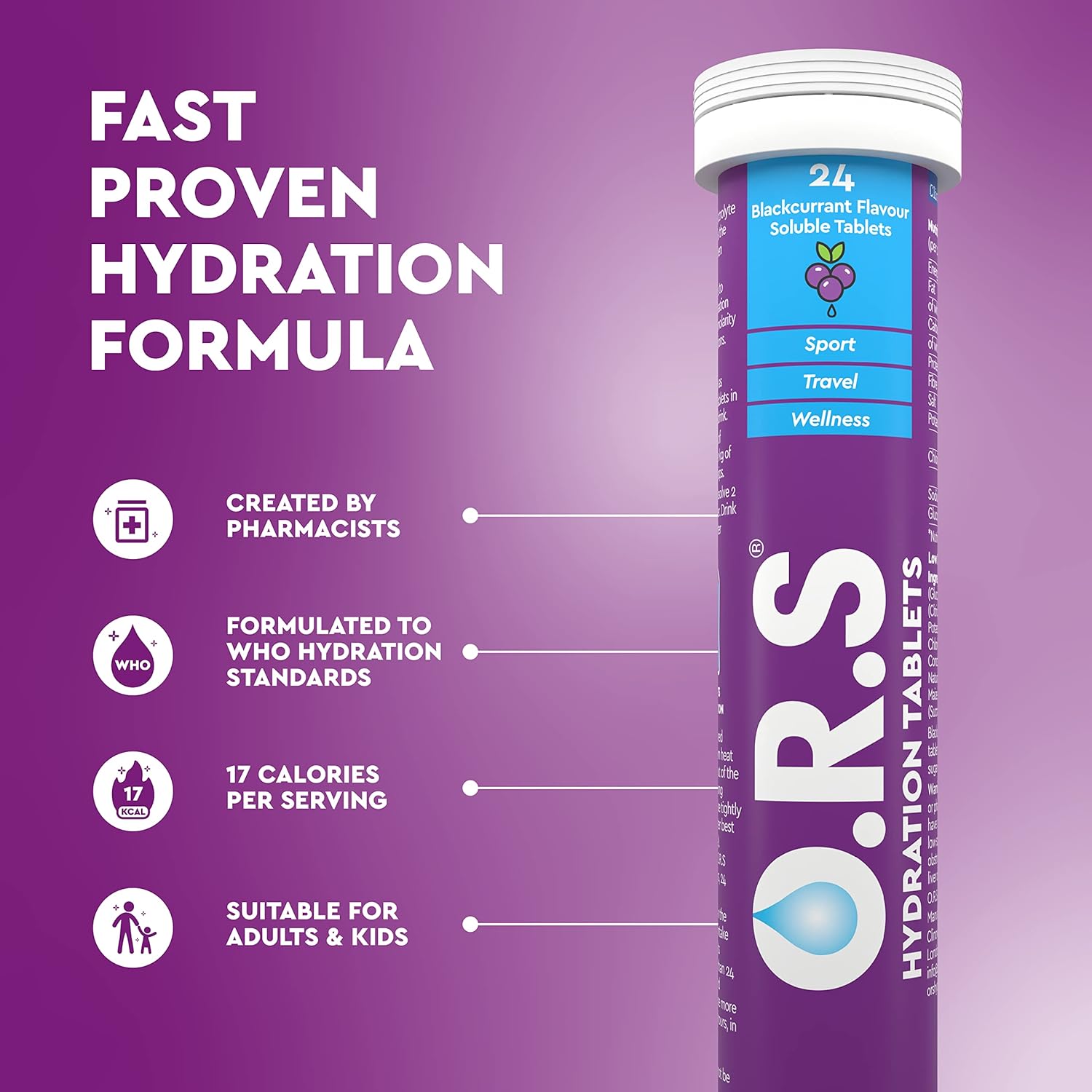 O.R.S Hydration Tablets with Electrolytes, Vegan, Gluten and Lactose Free Formula – Soluble Hydration Tablets with Natural Blackcurrant Flavour, 24 Tablets-1