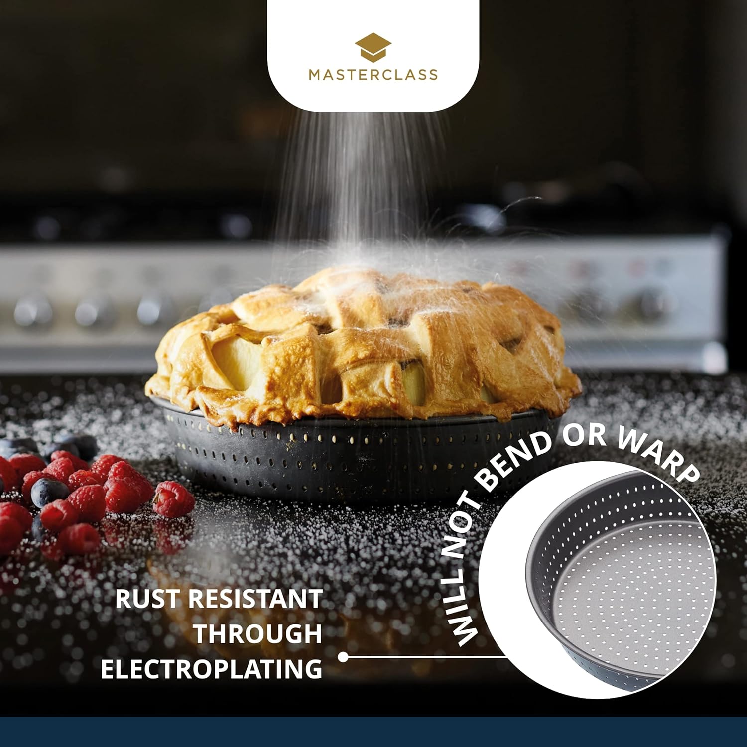 MasterClass KCMCCB15 Crusty Bake 23 cm Deep Perforated Pie Dish with PFOA Non Stick, Robust 1 mm Carbon Steel, 9 Inch Round Tin, Grey-5