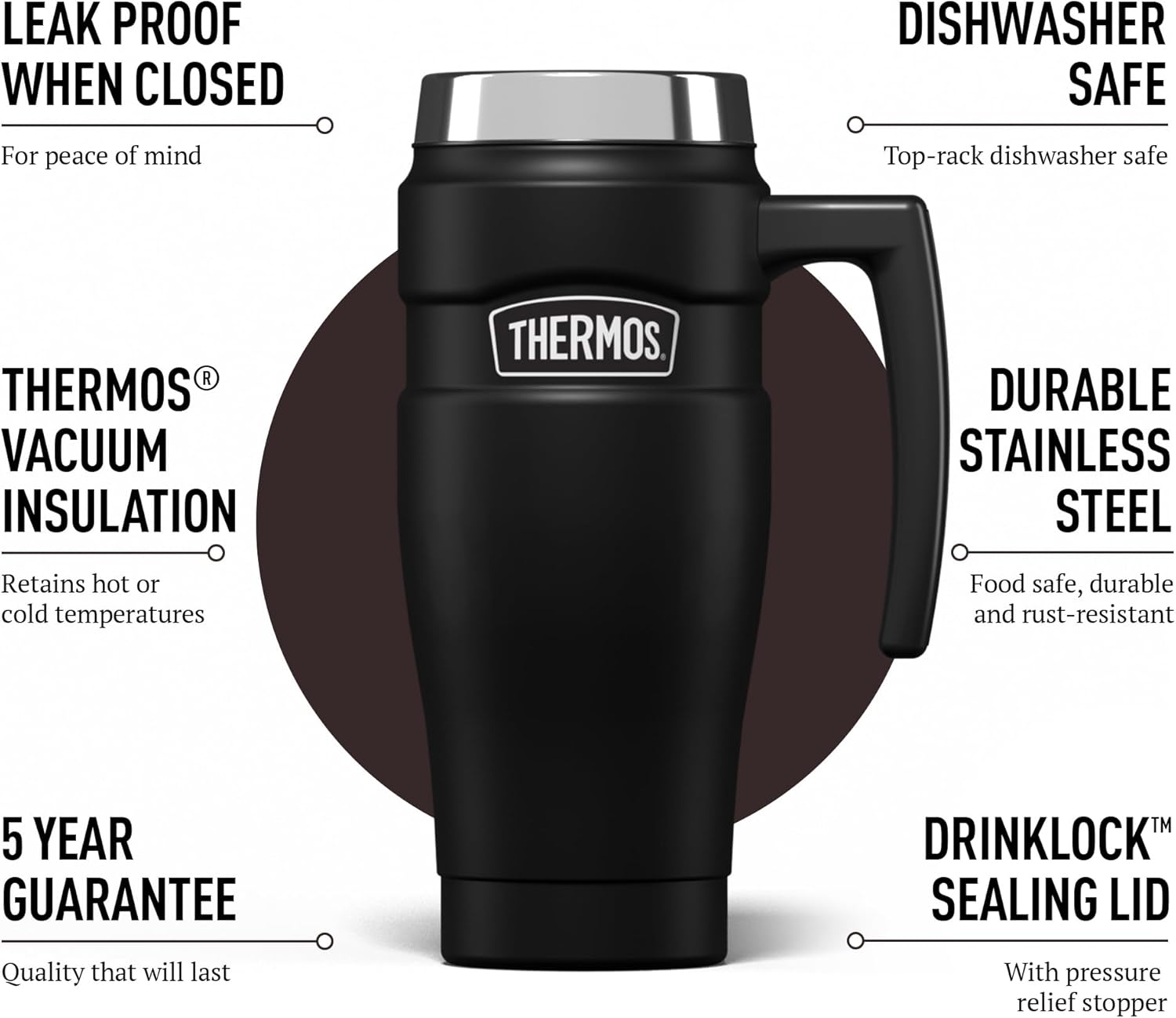 Thermos Stainless King Matt Black Travel Mug (470ml), Reusable Insulated Stainless Steel Coffee Cup for Hot or Cold Drinks, Vacuum Sealed Water Flask with a Leak-Proof Lid, 7hr Hot/18hr-3