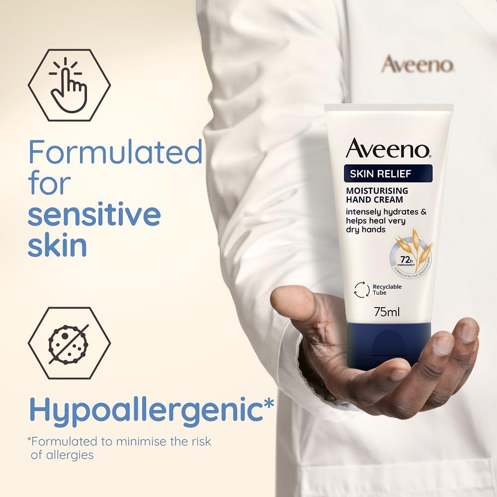 Aveeno Skin Relief Moisturising Hand Cream (1x 75ml), Nourishing Hand Cream to Soothe and Moisturise Very Dry Skin, Enriched Formula for Hydrating Irritable, Dry Hands, 72-hour hydration-4