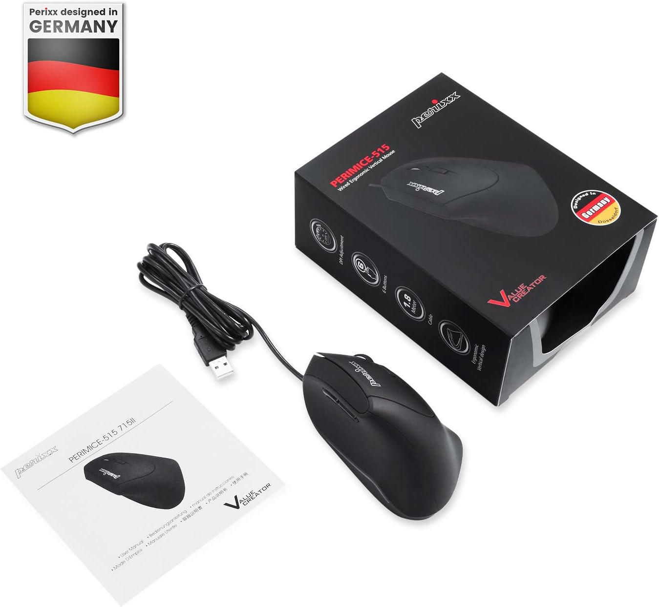 Perixx PERIMICE-515II Wired Ergonomic Vertical Mouse - 1000/1600 DPI - Right Handed Natural Ergonomic Vertical Design-5