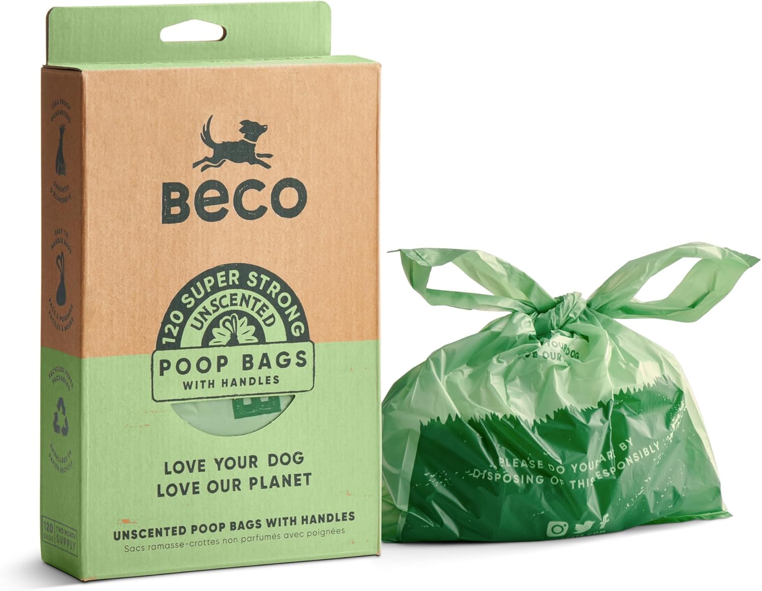 Beco Strong & Large Poop Bags - 120 Loose packed with Tie Handles - Box Dispenser - Unscented Dog Poo Bags-0