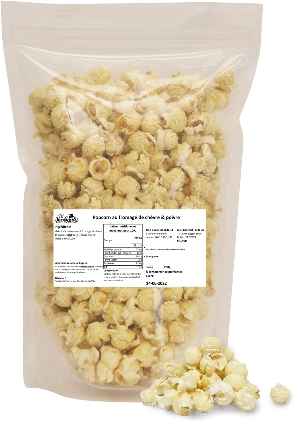 Joe & Seph's Goats Cheese and Black Pepper Popcorn Bulk Party Pack ; 1 x Bulk Bag Handmade in UK ; using real cheese Gluten Free Air-popped All-natural ingredients Movie night in - 250g-0